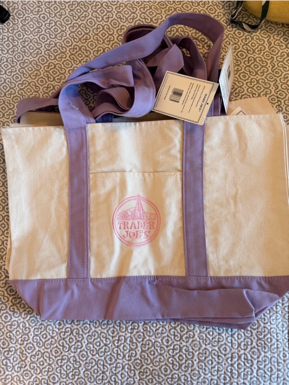 Trader Joe's Lavender and Cream Canvas Tote Bag